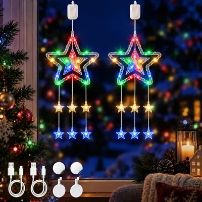 Productafbeelding van LED-kerstster raamverlichting - Set van 2 - Oplaadbaar - Meerkleurig