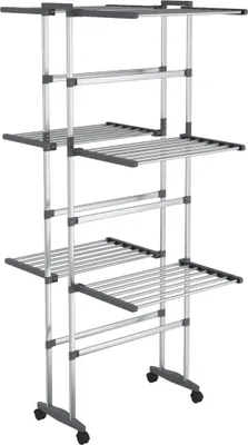 A three-tier clothes drying rack with wheels, shown against a white background.