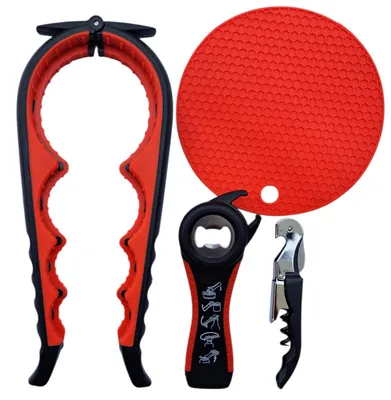 4-in-1 Glas- und Flaschenöffner, ergonomischer Griff, rot-schwarz