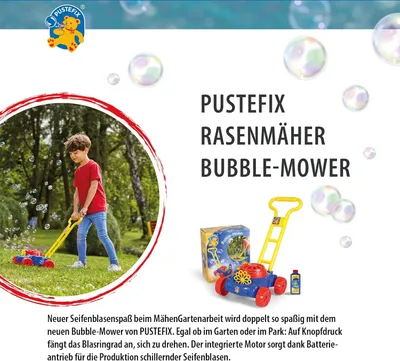 Produktbild von PUSTEFIX Bubble-Mower Rasenmäher blau/rot inkl. 250 ml. Seifenblasenflüssigkeit und Sticker
