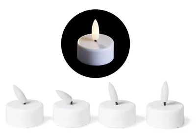Produktbild von LED Teelicht klein mit Timer - 4er Set Warmweiß LED Kerze 3D Flamme flackernd - LED Teelicht klein 3,7cm Weiß Kunststoff 1x Batterie CR2032 benötigt - Teelichter LED für Kerzenpick auf Adventskranz