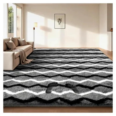 Produktbild von Hochflor Teppich Wellenstreifen 140 x 200 cm Dunkelgrau Waschbar Anti-Rutsch für Wohnzimmer und Schlafzimmer