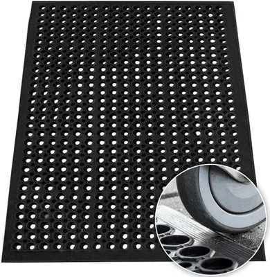A black rubber mat with holes and a ramp detail shown in a circular inset.