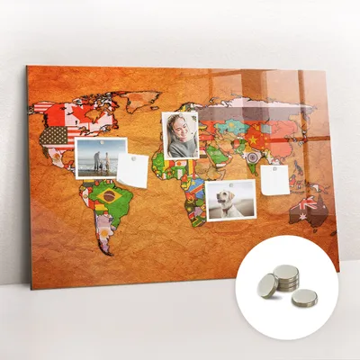 Obrázek produktu pro Magnetická Tabule na Zeď Skleněná - Memo Board Kleněnou Přední Stranou - 5 magnetů v balení - 90x60 cm - Mapa světa s vlajkami