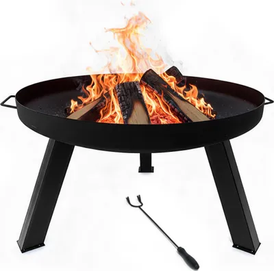 Produktbild von Relaxdays Feuerschale, Ø Schale 59 cm, mit Schürhaken, pulverbeschichteter Stahl, Feuerstelle Garten, Terrasse, schwarz