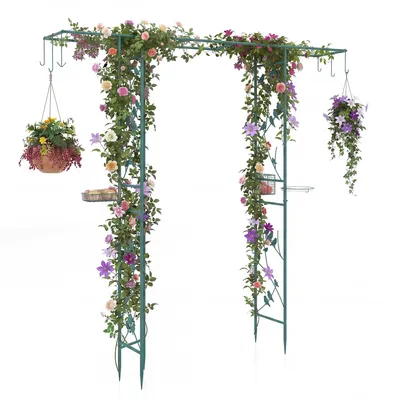 Produktbild von COSTWAY 212x40x213 cm Vogelfutterstation mit Wasserschale, Tablett, Hängeset&Rosenbogen, Vögel Futterspender, Metallbogen für Vögel, Wildvögel Grün
