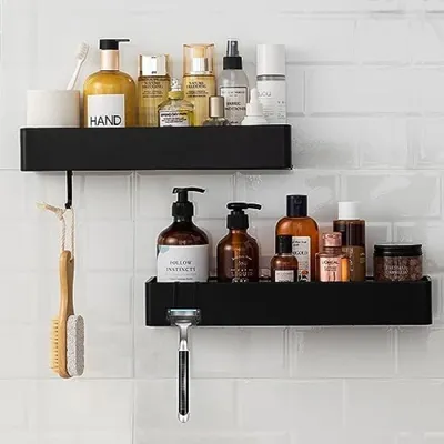 Produktbild von PromoHome® Duschregal 2er-Set Schwarz - Selbstklebendes Dusch-Aufbewahrungssystem ohne Bohren - Rostfreies Schnell trocknendes