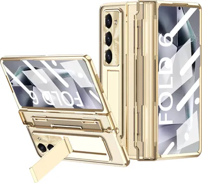Obrázek produktu pro Pouzdro na Samsung Galaxy Z Fold 6 ochrana pantu s ochranou displeje a objektivu, průhledné galvanizované pouzdro se stojánkem Zlato
