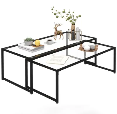 Image de Table basse imbricable - Table d'appoint - Table de salon - Ensemble de tables - Verre trempé noir - Structure en acier