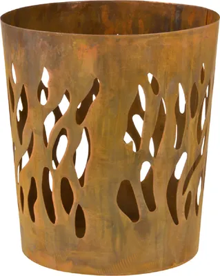 A rusted metal fire basket with cut-out patterns.