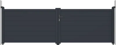 A front view of a dark gray aluminum double gate with a central handle and lock.