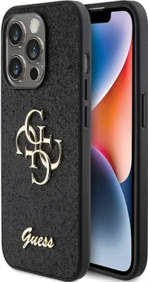 A black phone case with a gold Guess logo and text, shown with a smartphone inside.
