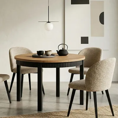 Productafbeelding van DEKORI Eettafel voor rundvlees, uitschuifbaar, model RAVO – Poten van beukenhout, geribbeld, diameter: 90 / 140 cm, kleur: Eikenhout Craft Golden / Zwart