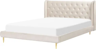Produktbild von BELIANI Polsterbett Beige 160 x 200 cm Samtstoff mit Lattenrost mit Hohem Gestepptem Kopfteil Metallbeine in Gold Elegant Retro