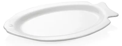 A white ceramic plate shaped like a fish, shown from a diagonal angle on a white background.