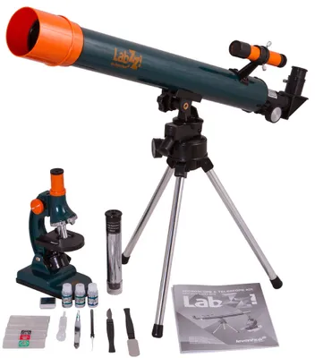 A science kit with a telescope and microscope, along with accessories, displayed on a white background.