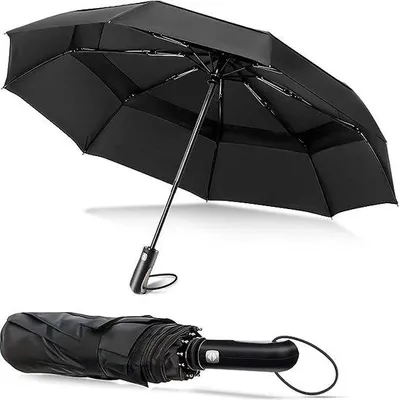 Produktbild von Unyqoos® sturmfester, automatischer Falt-Regenschirm 140 cm, doppellagig belüftet, winddicht, verstärktes Glasfaser-/Edelstahlgestell, klappbar, schwarz