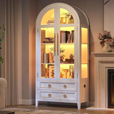 Immagine prodotto di Vetrina espositiva con illuminazione a LED, altezza 180 cm, 4 ripiani, 2 cassetti, colore bianco