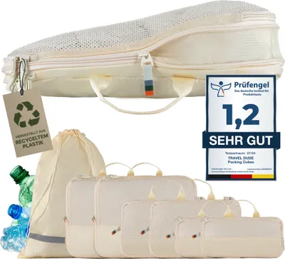 Produktbild von TRAVEL DUDE Packwürfel Set mit Kompression aus recycelten Plastikflaschen | Leichte Packing Cubes | Packtaschen Set (Sand Beige, 7-teilig)