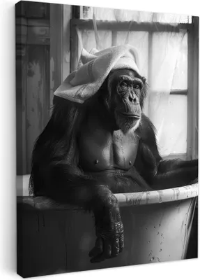Produktbild von MuchoWow® - Leinwandbilder - Affe - Tier - Bad - Schwarz - Weiß - Humor, Wandbild, Wanddeko Bilder Wohnzimmer, 50x70 cm