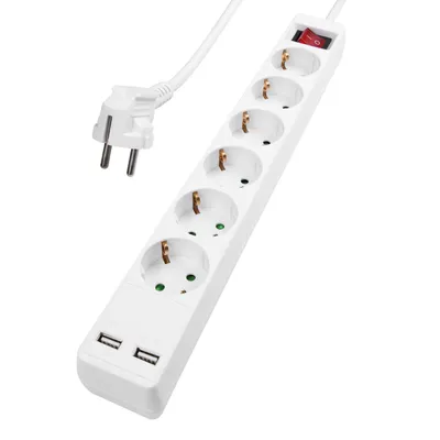 A white power strip with multiple outlets and two USB ports, along with its plug, is shown against a white background.