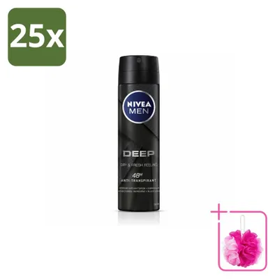 Imagen del producto de 25 aerosoles antitranspirantes NIVEA MEN DEEP, fragancia Black Carbon, 150 ml, pack ahorro, 25 unidades
