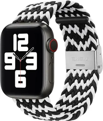 Produktbild von Strap-it Nylon Smartwatch-Armband - passend für Apple WatchSeries 1/2/3/4/5/6/7/8/9/10/11/SE/Ultra (2) - schwarz/weiß - geflochtenes Armband passend für iWatch - Größe: 44mm / 45mm / 46mm / 49mm