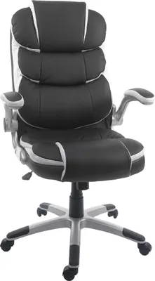 A black and white office chair with silver accents is shown from the front.