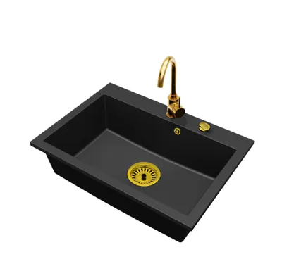 Produktbild von Granit Küchenspüle Einbecken ELITE 70 Set mit Armatur und Siphon Gold Automatik