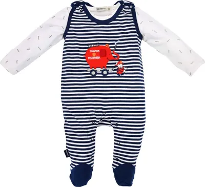 Produktbild von BONDI Baby Strampler "Feuerwehr" 93684 - Navy / Weiß geringelt | Jungen Babystrampelanzug Größe: 62