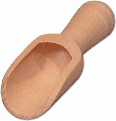 A single wooden scoop on a white background.