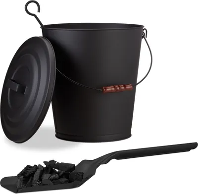 Produktbild von 2 tlg. Kaminreinigungs-Set, Ascheeimer, Kohlenschaufel, Stahl, Deckel, Henkel, Holzgriff, flach, robust, 24 L, schwarz