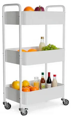 Image de Amig - Chariot de service pour la cuisine, modèle Linn, avec 3 niveaux et roulettes. Surface de rangement supplémentaire en acier