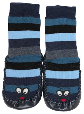 Tobeni 1 Paar Hüttenschuh Söckchen Ringel mit Ledersohle für Kinder Blau