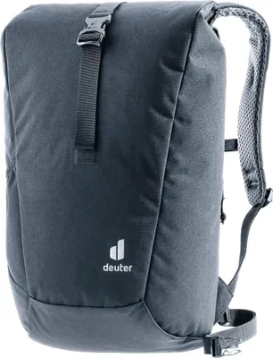 A black Deuter backpack shown from the front.