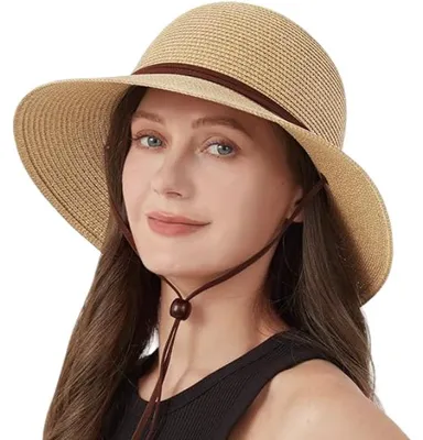 Imagen del producto de Sombrero de paja para mujer, ideal para el verano, con protección solar y protección UV, color beige, talla 57 cm