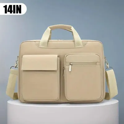 Image de Sacoche de travail - Sacoche pour ordinateur portable avec bandoulière réglable, sac de bureau léger, fermeture à glissière et grand compartiment intérieur, pour ordinateurs portables jusqu'à 14 pouces (kaki).