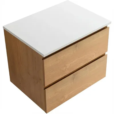Produktbild von CERANO - Badezimmerschrank Carole - Honigbuche + Waschtischablage aus Verbundmarmor Elanys - 12 mm - weiß, matt - 60x49,2x46 cm