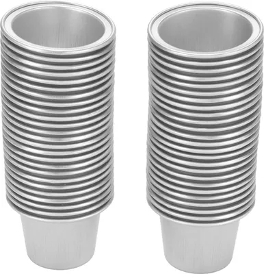 Imagen del producto de 50 tapas de aluminio para cápsulas de café de 15 ml, con sellos adhesivos, cucharas y cepillos, color plateado