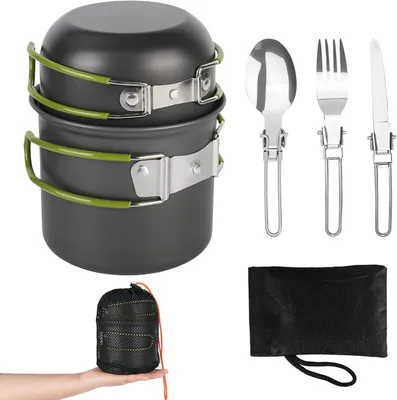 Produktbild von Camping Kochset Aluminium, inklappbares Besteck, 2 Personen, Outdoor Kochgeschirr für Wandern