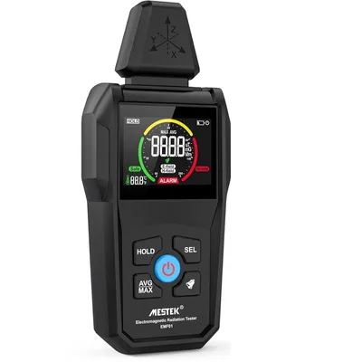 A black digital electromagnetic field radiation tester is shown against a white background.