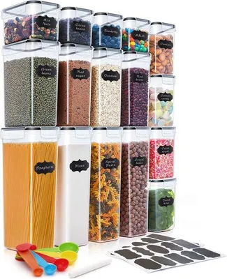 Immagine prodotto di Contenitori per alimenti Unyqoos®, set da 16 pezzi, contenitori ermetici per la conservazione realizzati in plastica priva di BPA, composto da: 4 contenitori da 2,8 L + 4 contenitori da 2,0 L + 4 contenitori da 1,4 L + 4 contenitori da 0,8 L, 20 etichette, 5 misurini, penna