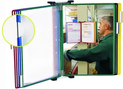 Produktbild von Wandsichttafelsystem A4 aus Edelstahl seitl. offen mit 10 Sichttafeln A4 farbig sortiert