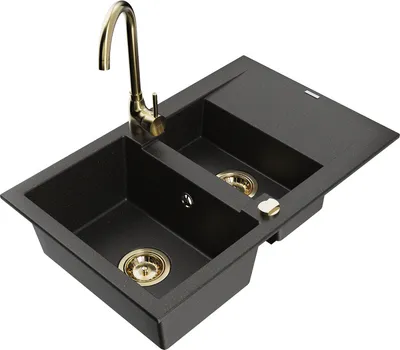 Produktbild von Mexen Gaspar 1,5-Becken-Granitspüle mit Abtropffläche und Mischbatterie Telma, Schwarz/Gold - 6507-75-670200-50