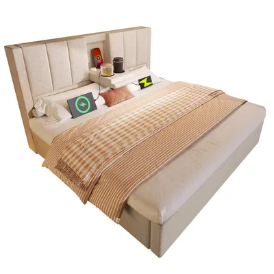 Produktbild von Polsterbett 140x200 cm Beige aus Leinen mit verstecktem Becherhalter, Ladestation und Hydraulik-Stauraum, mit Matratze