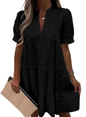 Produktbild von Imily Bela Damen Sommerkleid aus Spitze – Lässiges, fließendes Babydoll-Tunikakleid mit Lochmuster, kurzen Ärmeln und V-Ausschnitt