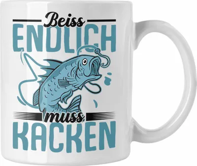 Produktbild von Trendation - Angler Fischer Tasse Geschenk Raubfische Hobbyangler Hecht Forelle Barsch Angeln Kaffeetasse Zubehör Beiss Endlich Muss Kaken (Weiß)
