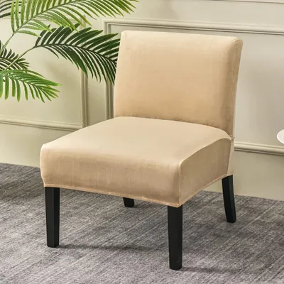 Produktbild von Stuhlhusse ohne Armlehnen, Armlose Armlehnen-Stuhlhusse aus weichem Samtstoff, Armlos-Stuhlhusse, Schonbezug, Möbelschutz für Wohnzimmer, Hotel (Samt, beige)
