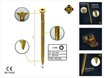 Obrázok produktu pre FORTE Tools Univerzálna skrutka do dreva 3,5 x 50 mm T15 200 ks ( 000051399471 ) žltá pozinkovaná Torx so zápustnou hlavou s plným závitom
