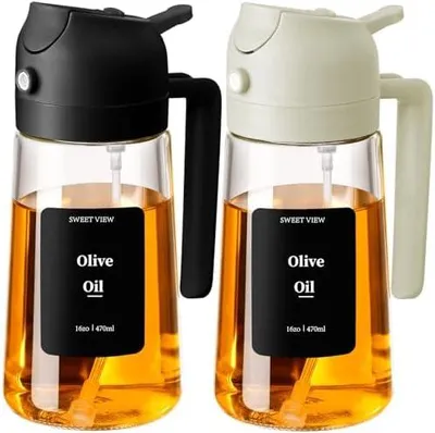 Produktbild von 2 in 1 Ölsprüher zum Kochen, 470ml Glasölflaschen/Olivenöl Sprühflasche für Salat, Grillen und Heißluftfritteuse (Schwarz, Weiß)